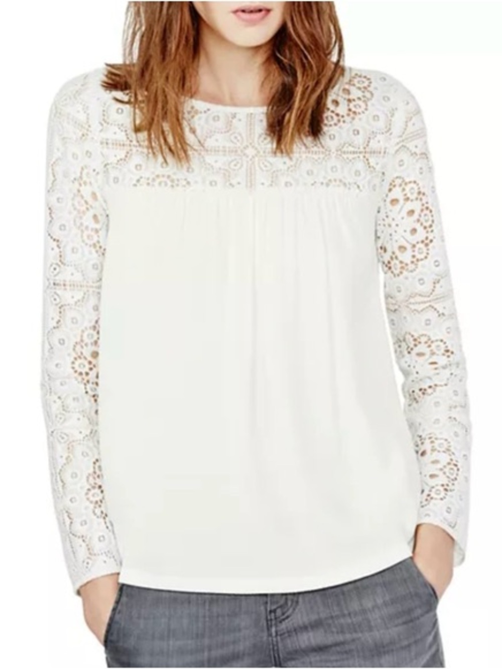 [NWT] $295 MAJE White Lace Long Sleeve Blouse in Ecru. FR Size 2